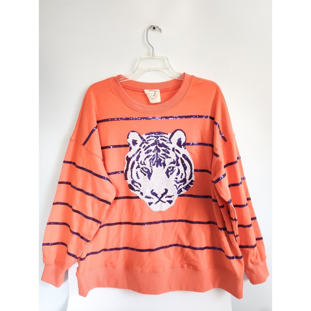 Fantastic Fawn Tiger Sweatshirt Small Orange Sequin Striped Game Day Clemson